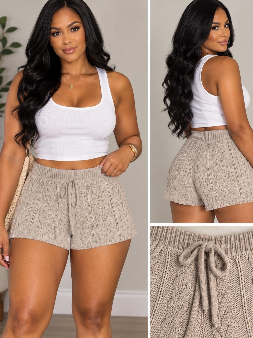 Zara Taupe Cable-Knit Drawstring Shorts